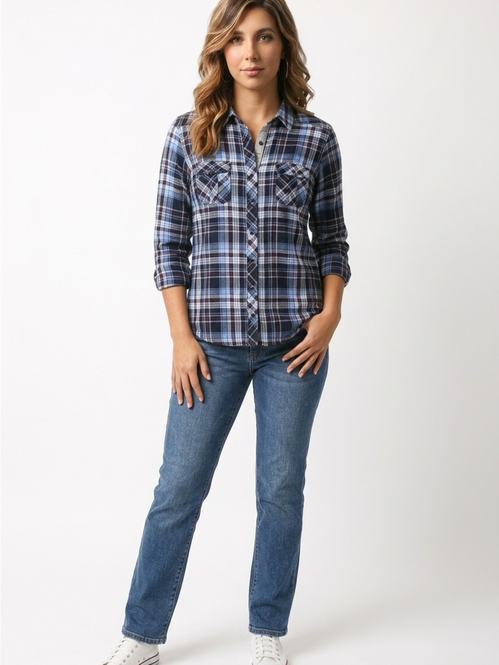 Lady Hathaway women's vintage fleece-lined plaid shirt blue& black size Medium
